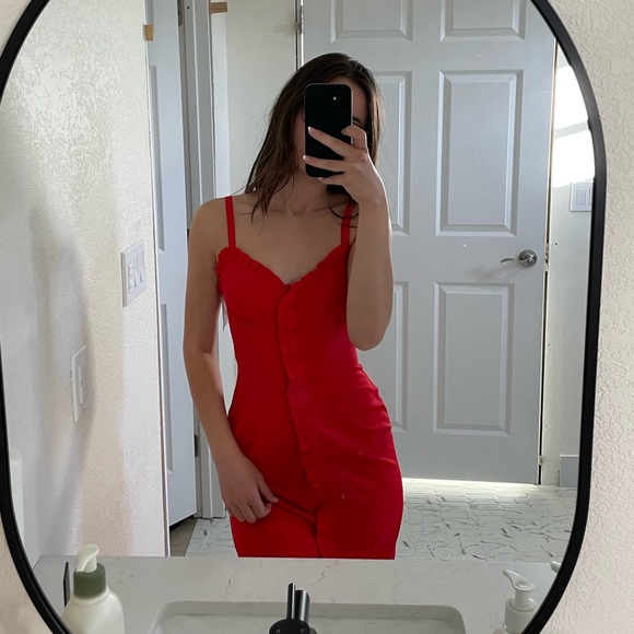 Topshop Red midi ruffle dress botton - Picture 3 of 8